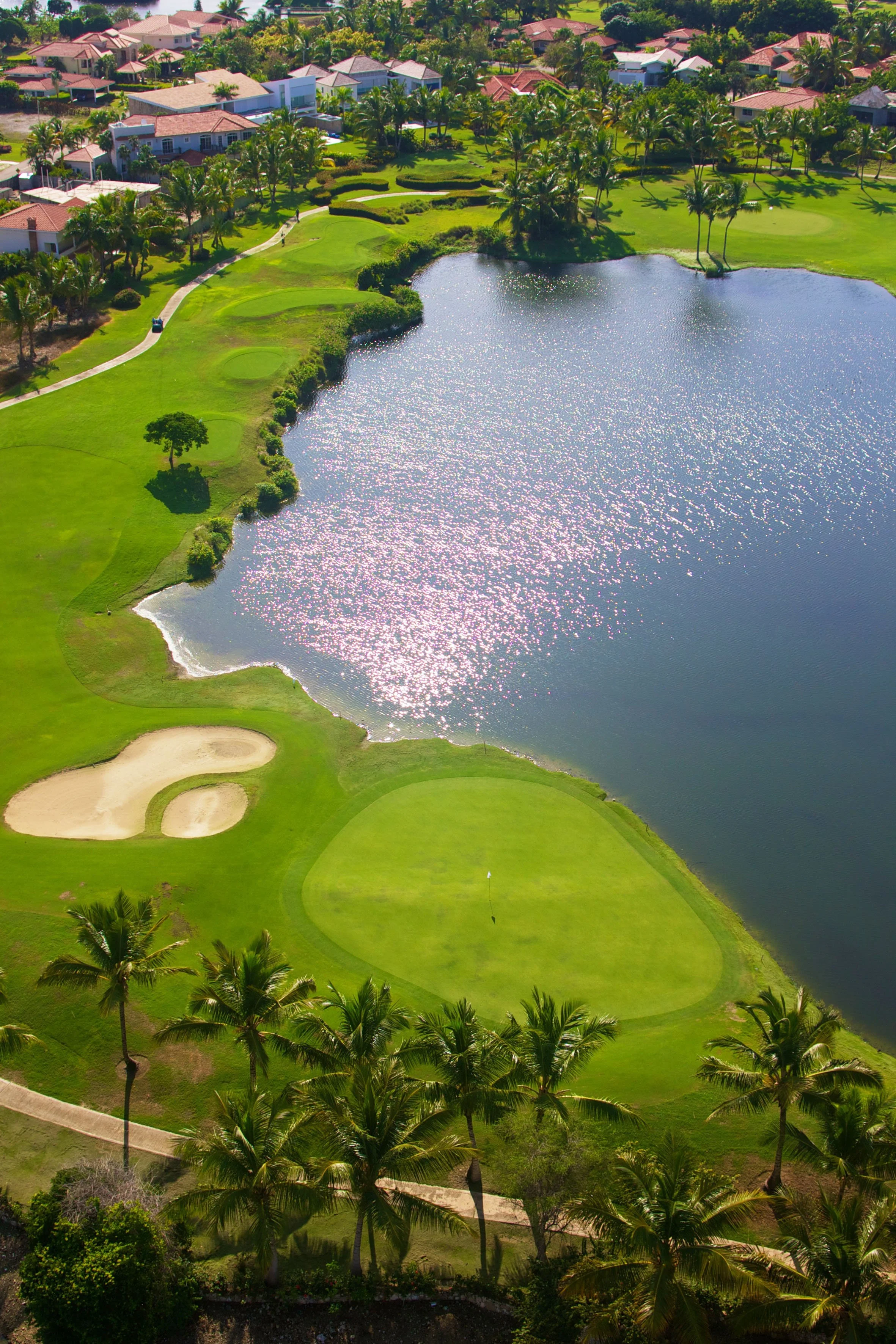 Aerial view of a golf course with a pond, sand trap, and residential houses in the background.