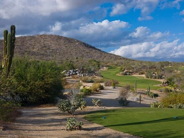 A desert golf course with green fairways, cacti, shrubs, and mountains in the background under a partly cloudy sky.