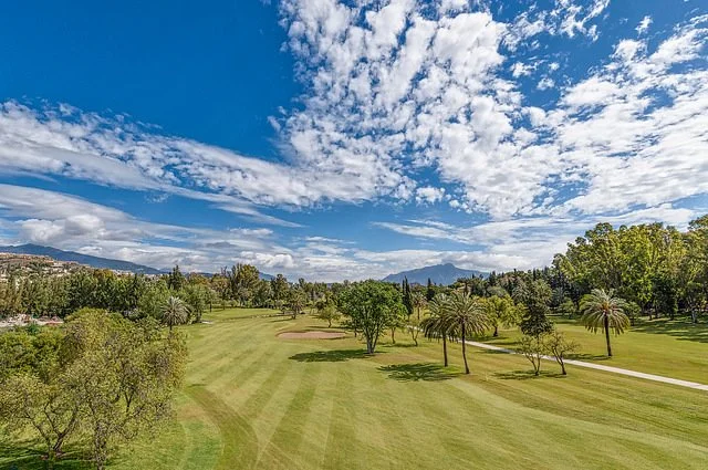 Scenic golf course with green fairways, scattered trees including palm trees, and a blue sky with clouds.