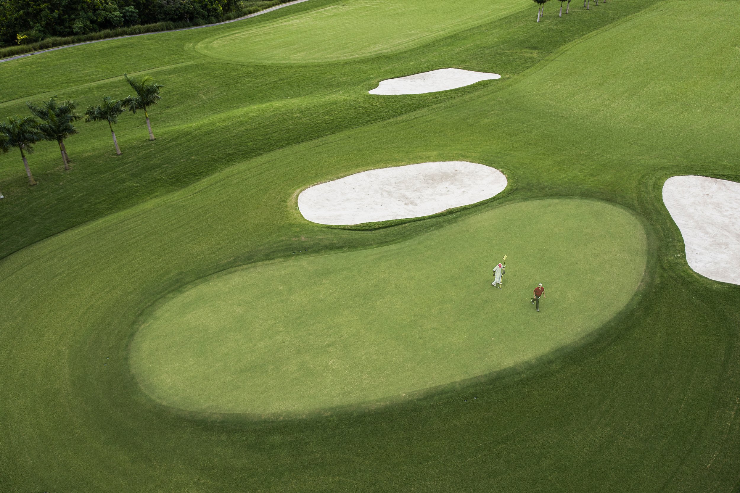 A golf course featuring a putting green, sand bunkers around it, and a golfer preparing for a putt, with palm trees and a grassy landscape in the background.