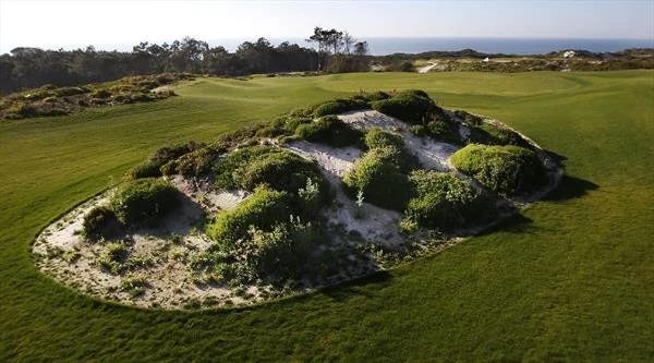 A golf course with a large sand dune covered in green shrubs and grass, overlooking distant trees and the ocean.