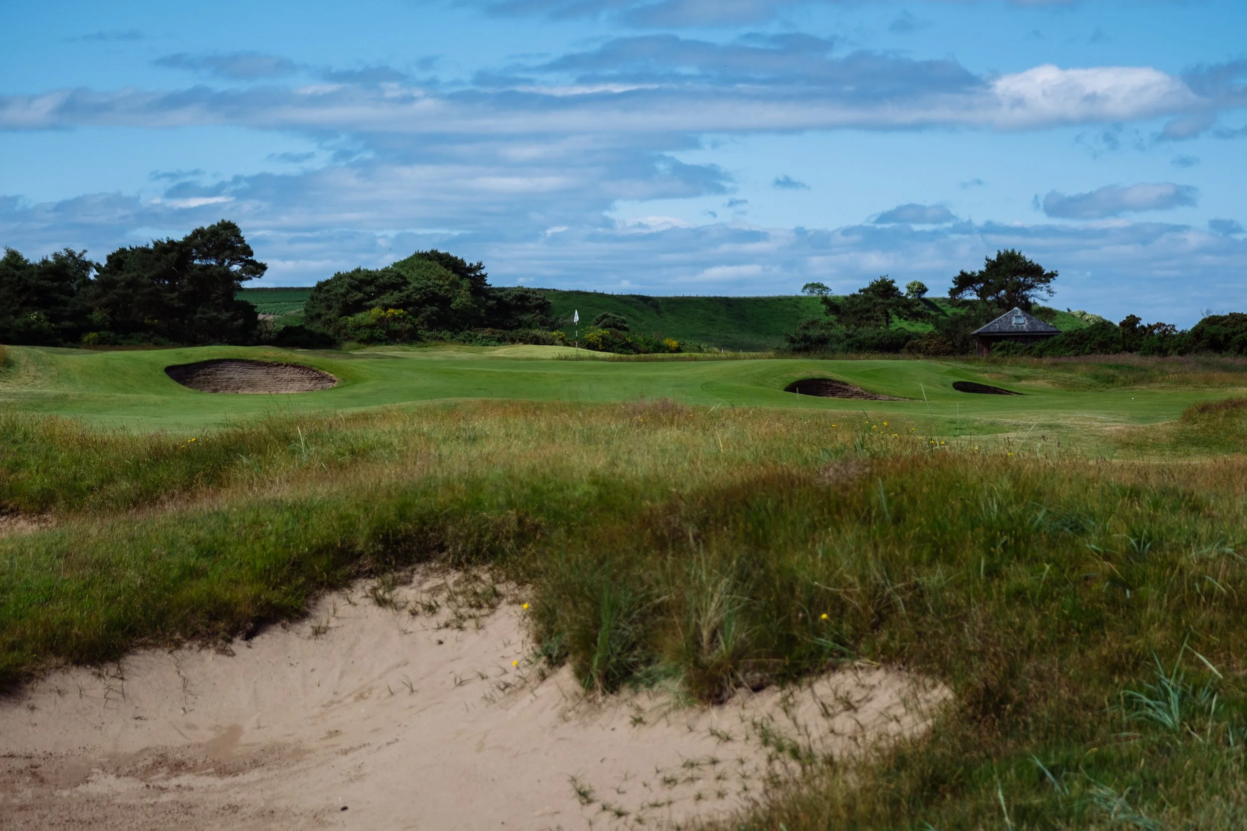 A scenic view of a golf course with green fairways, sand traps, and a flag on the green, surrounded by trees and a partly cloudy sky.