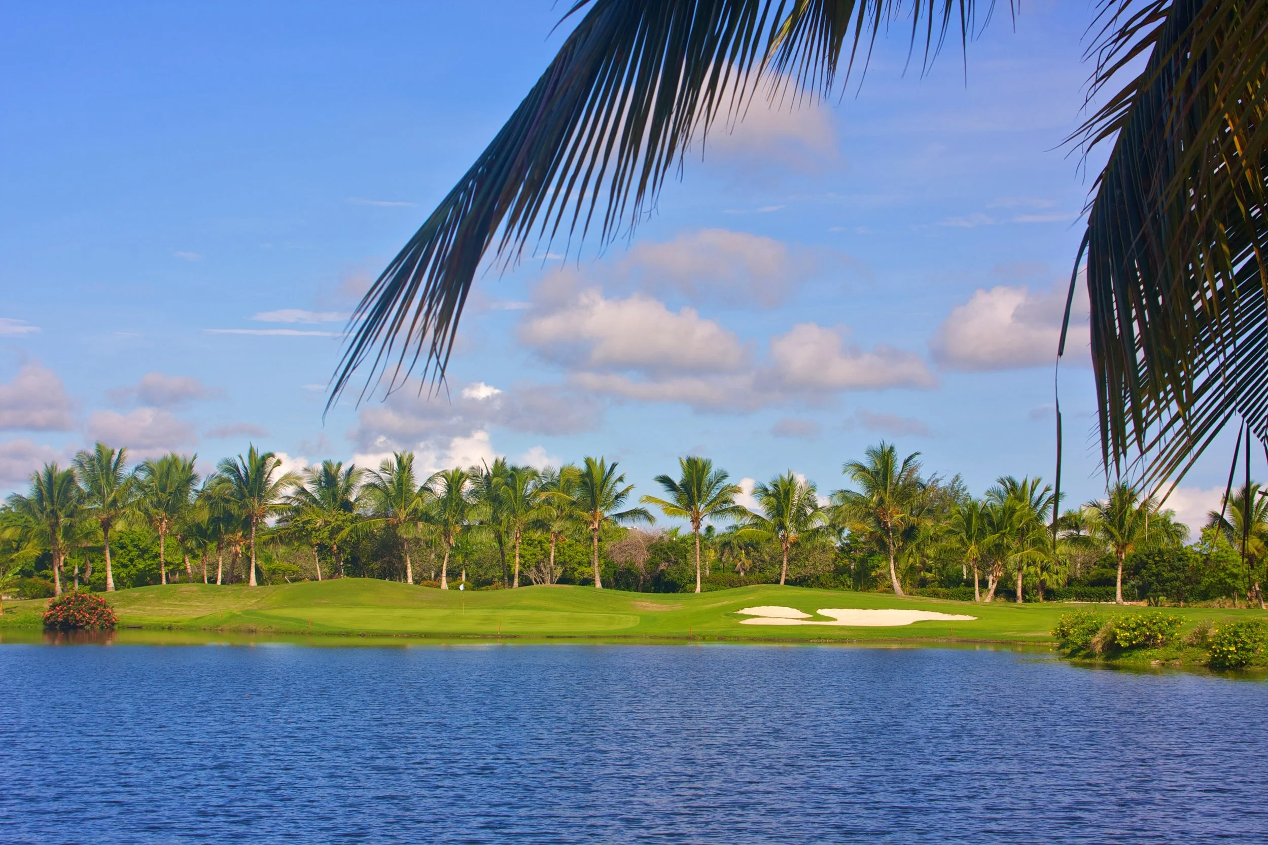 A tropical golf course with a water hazard, green fairways, sand traps, and palm trees under a blue sky with clouds.