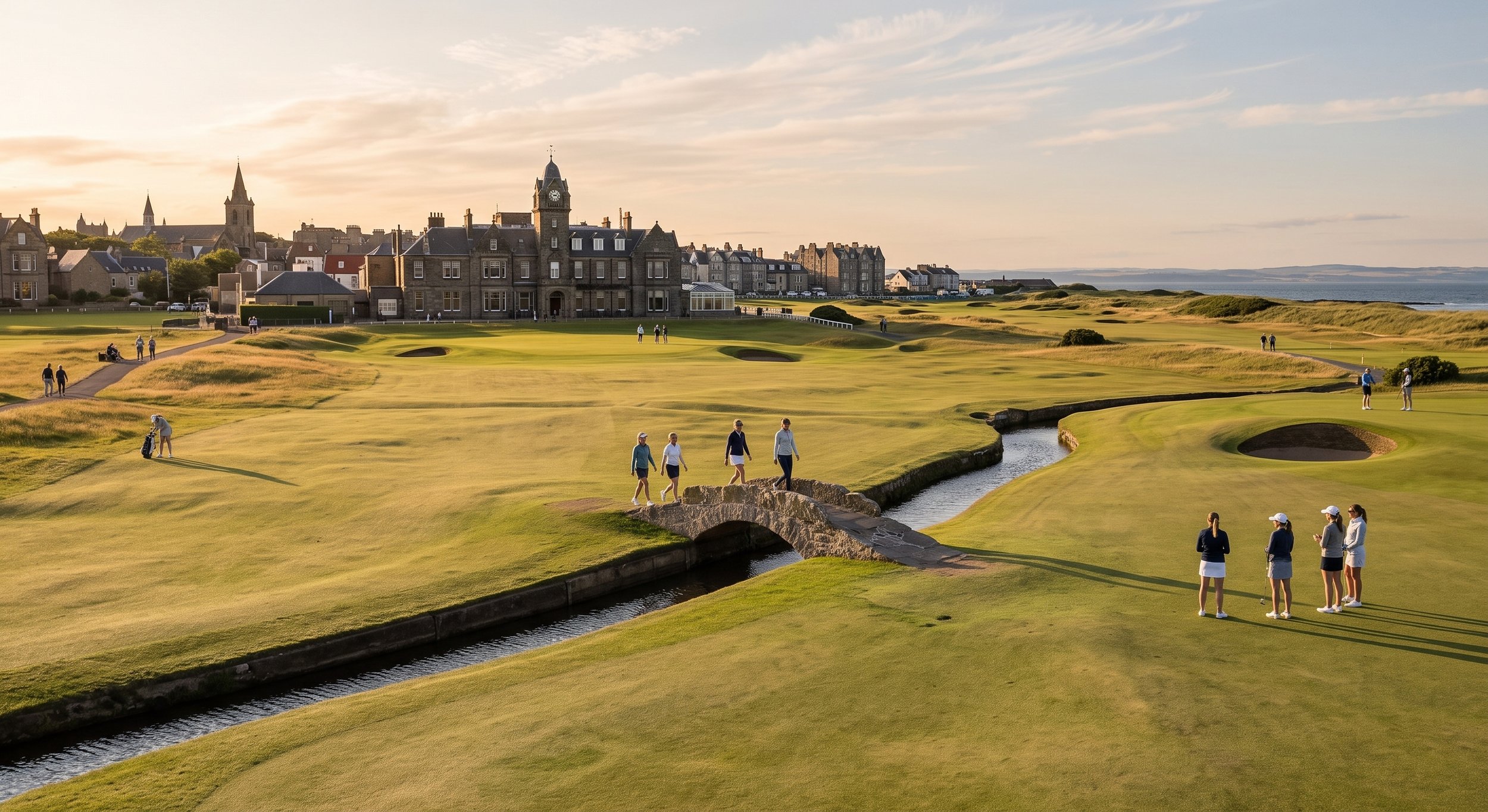 Women enjoying a bucket-list round of golf at the legendary Old Course at St Andrews, crossing the historic Swilcan Bridge together as the sun sets over the clubhouse.