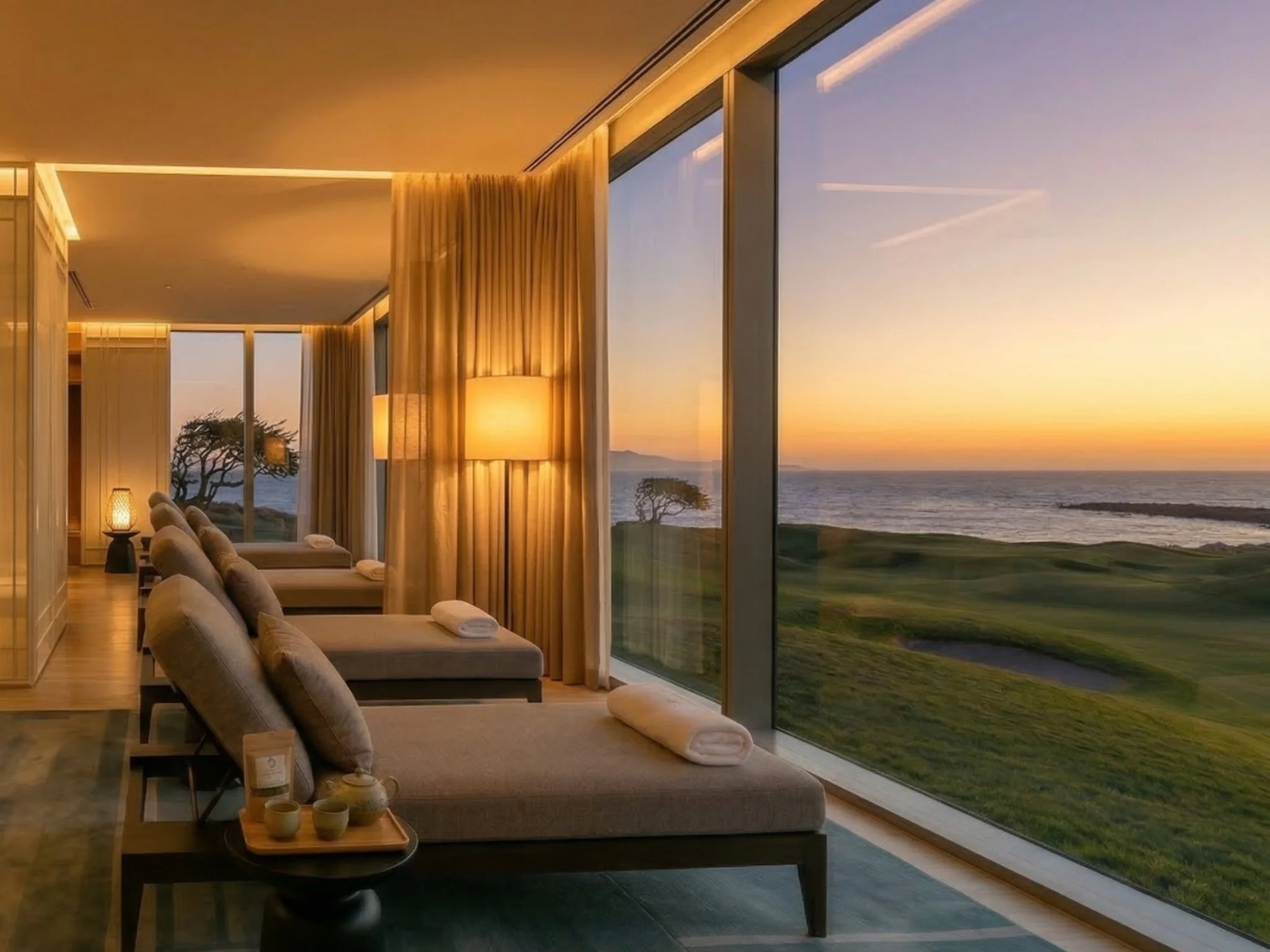 "A tranquil relaxation lounge inside the Spa at The Hawthorn at Galway Bay, featuring comfortable lounge beds facing expansive floor-to-ceiling windows. The windows showcase a stunning golden sunset over a coastal golf course and the ocean."
