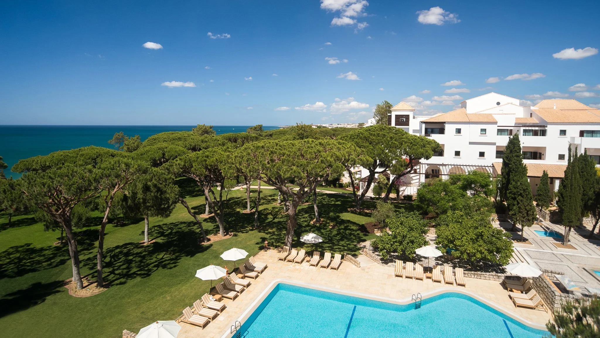View of a sunny outdoor swimming pool in a hotel or residential complex with lounge chairs and umbrellas, surrounded by green grass and trees, overlooking the ocean with a blue sky and clouds.