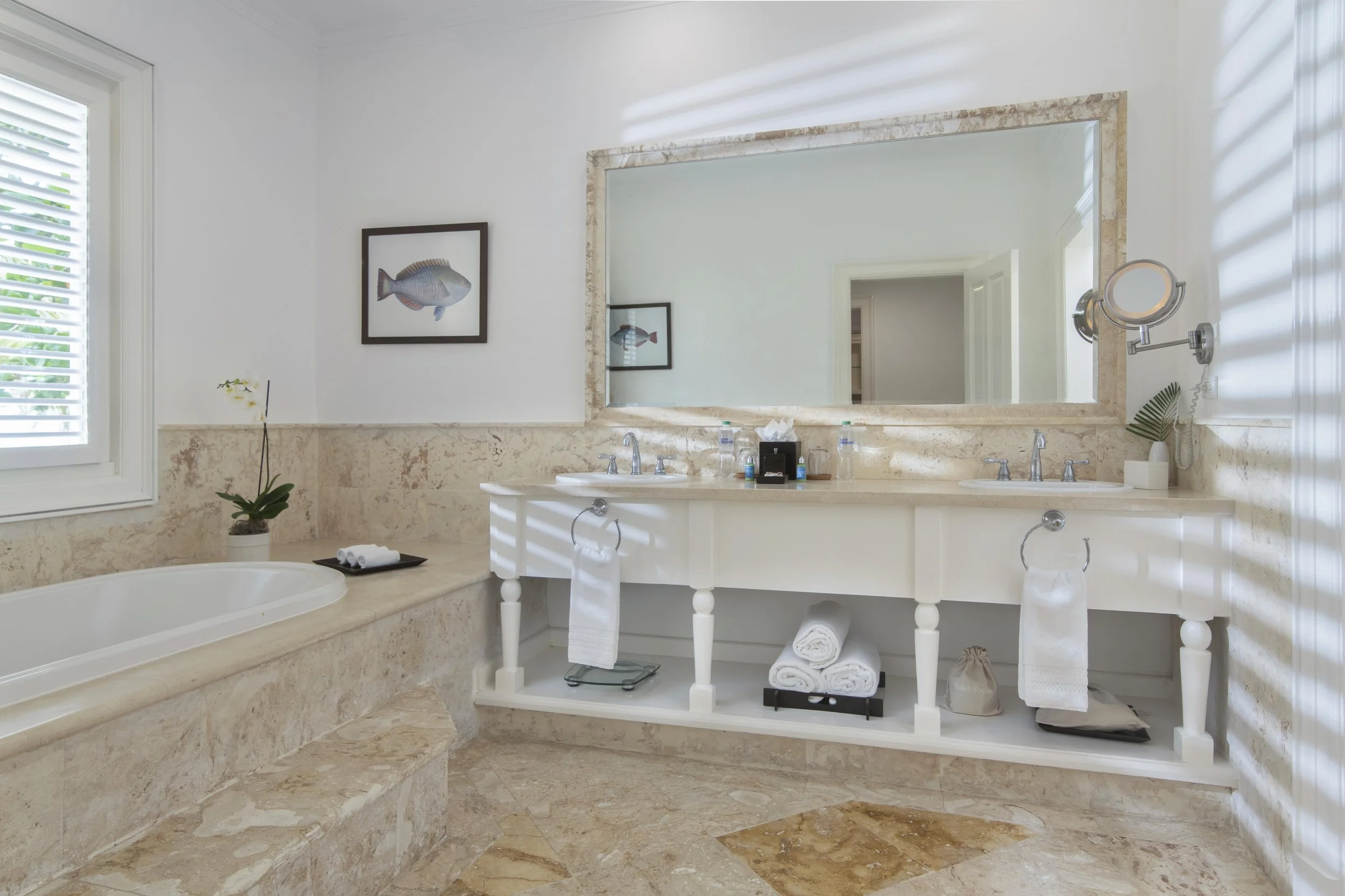 Modern bathroom with a large mirror above a white vanity, a bathtub with a potted plant, and framed fish art on the wall.