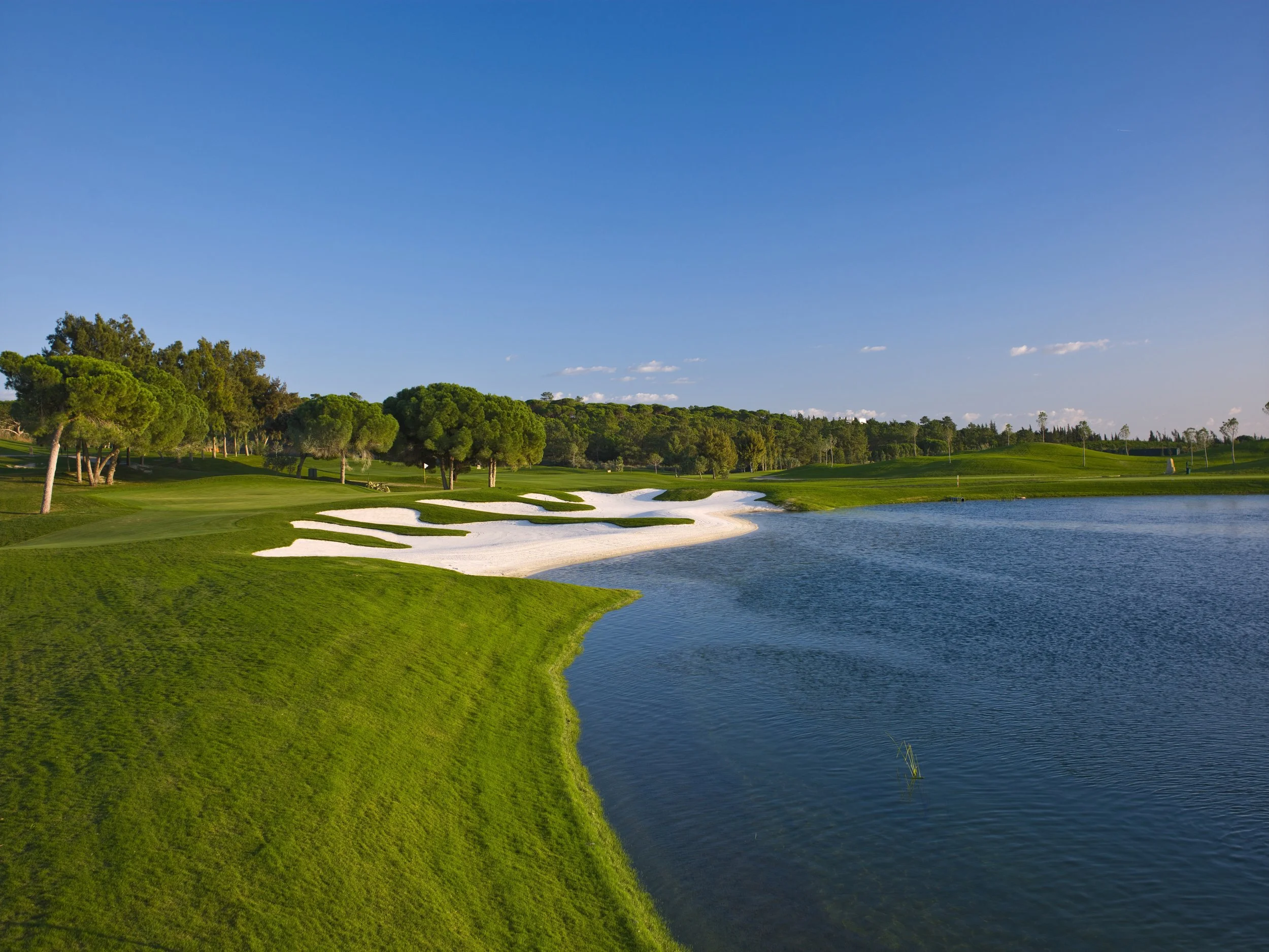 A golf course with green grass, sand traps, trees, and a body of water, under a clear blue sky.