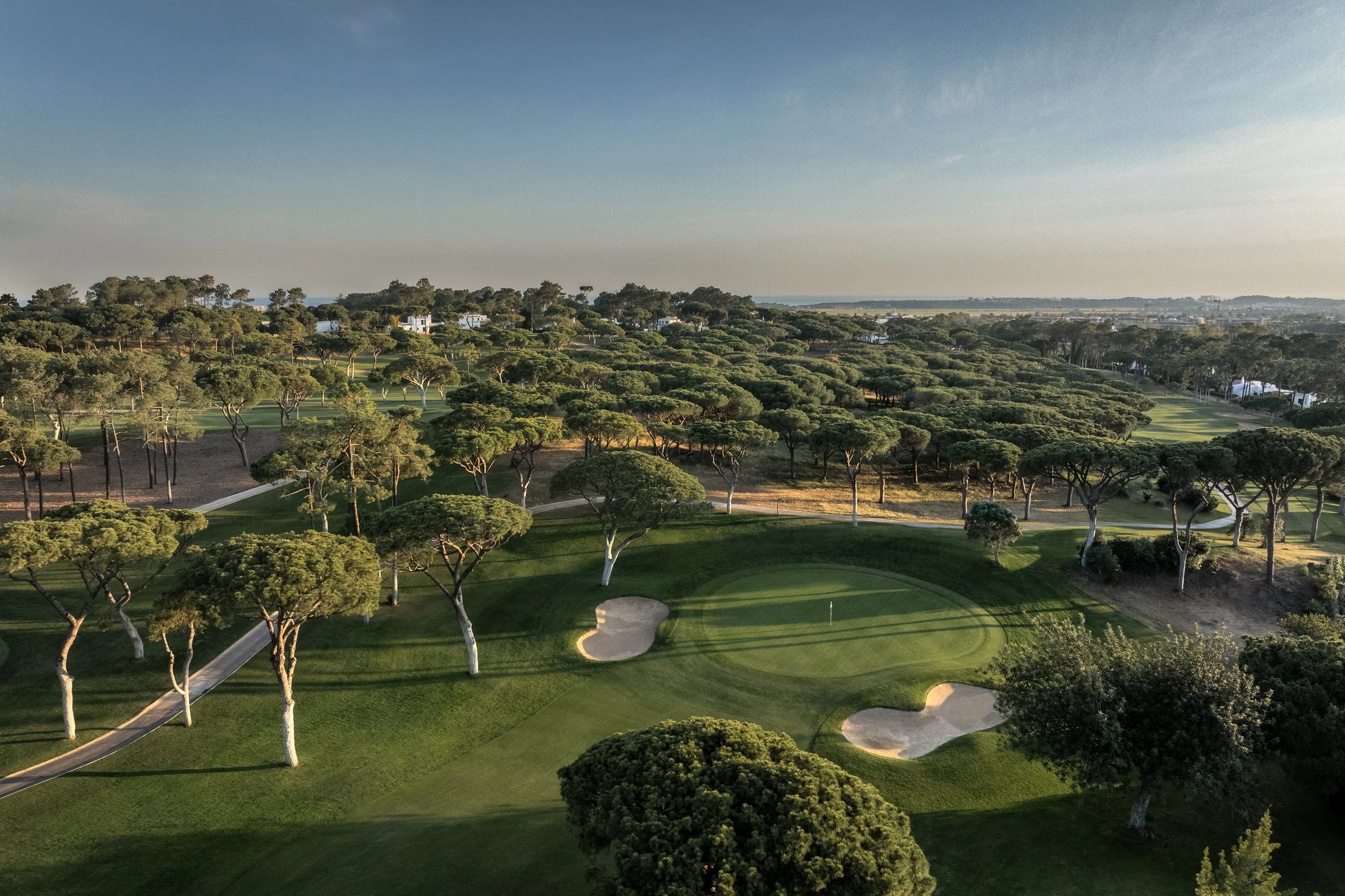 The beautifully framed par-3 6th hole at The Old Course Vilamoura, showcasing pristine fairways, strategic bunkers, and iconic umbrella pines that make this Algarve course a favorite to play.