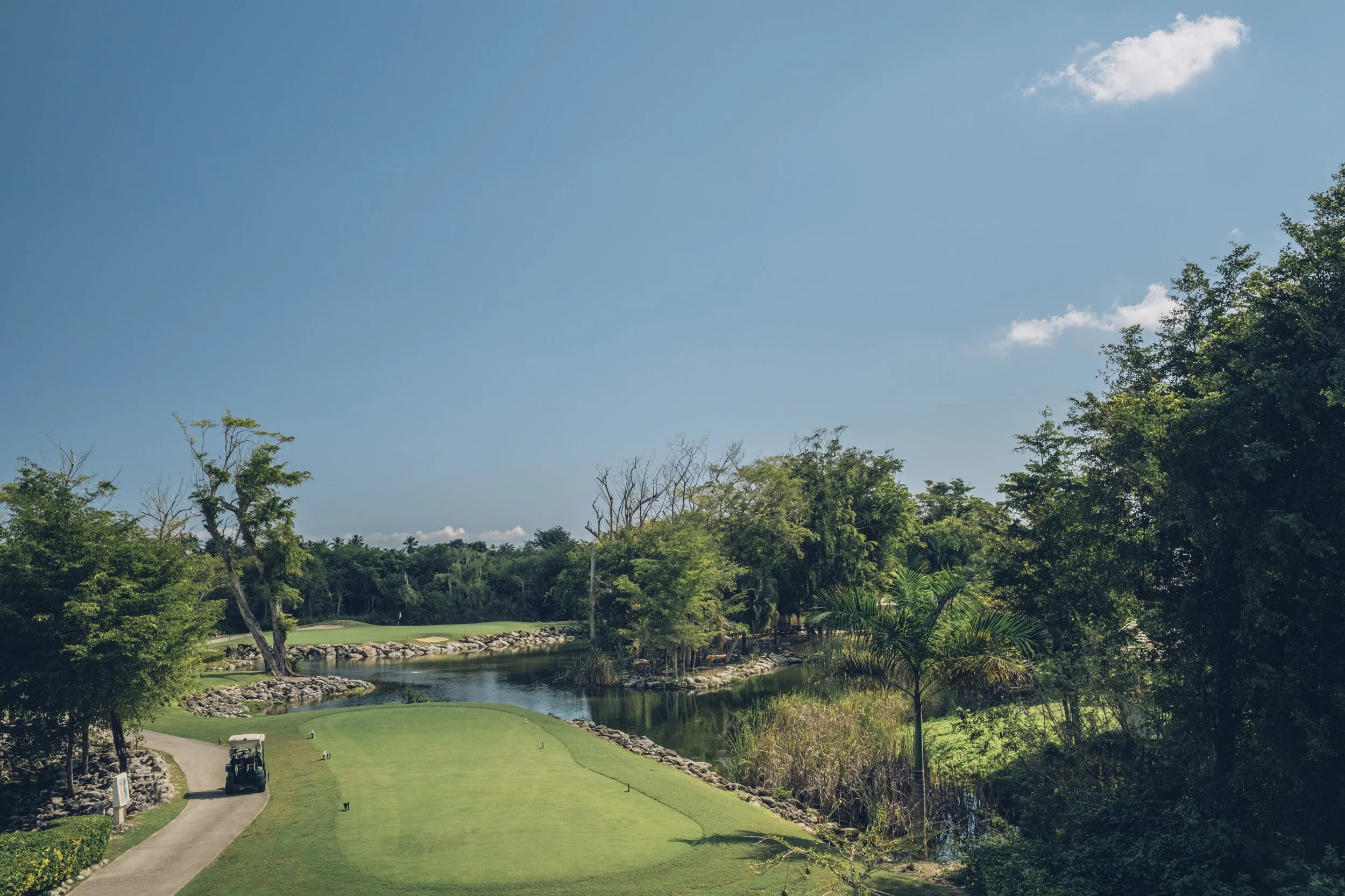 Golf course with a cart path, a golf cart, water feature, and lush trees under a partly cloudy sky.