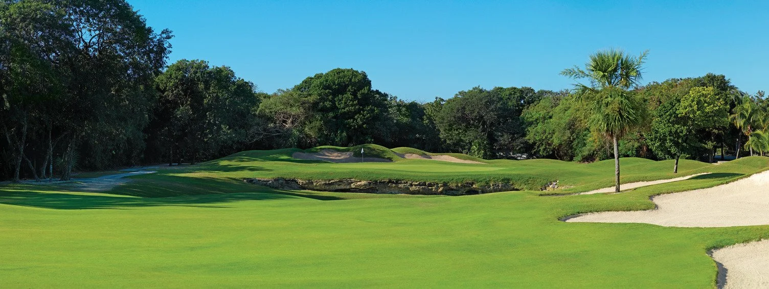 A landscape view of a golf course with green grass, sand bunkers, and a flag on the putting green, surrounded by trees and a clear blue sky.