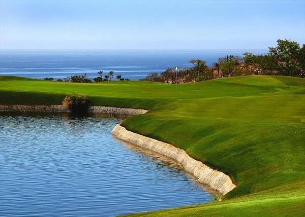 A golf course with green fairways, a water hazard, and the ocean in the background under a clear blue sky.