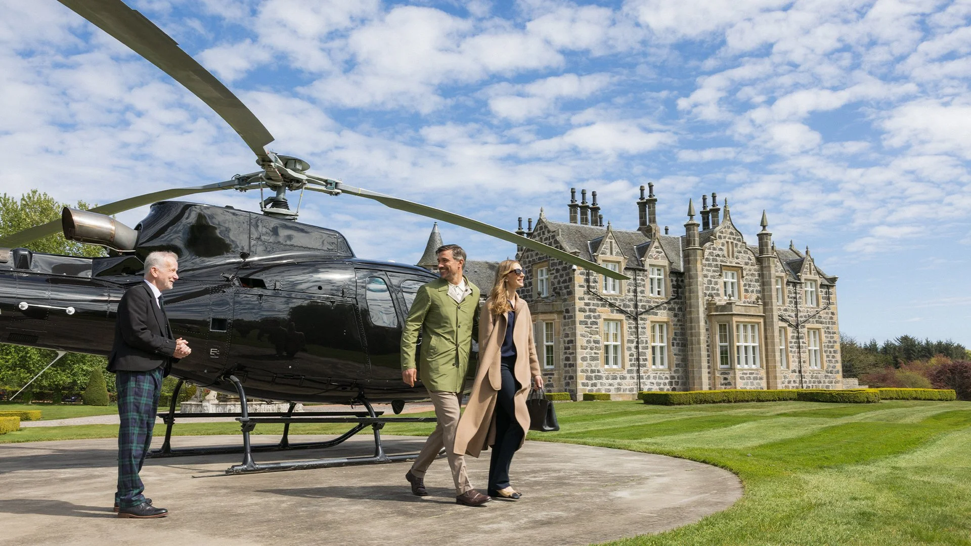 Helicopter arriving at MacLeod house in Scotland.