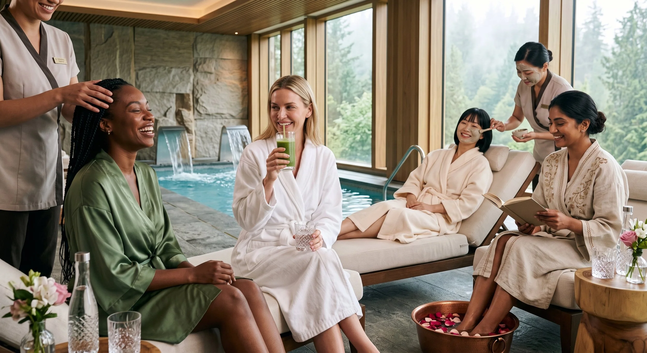 A diverse group of four women laughing and relaxing in a luxurious indoor spa, receiving personalized treatments like massages and facials near a hydrotherapy pool and large windows overlooking a misty forest.