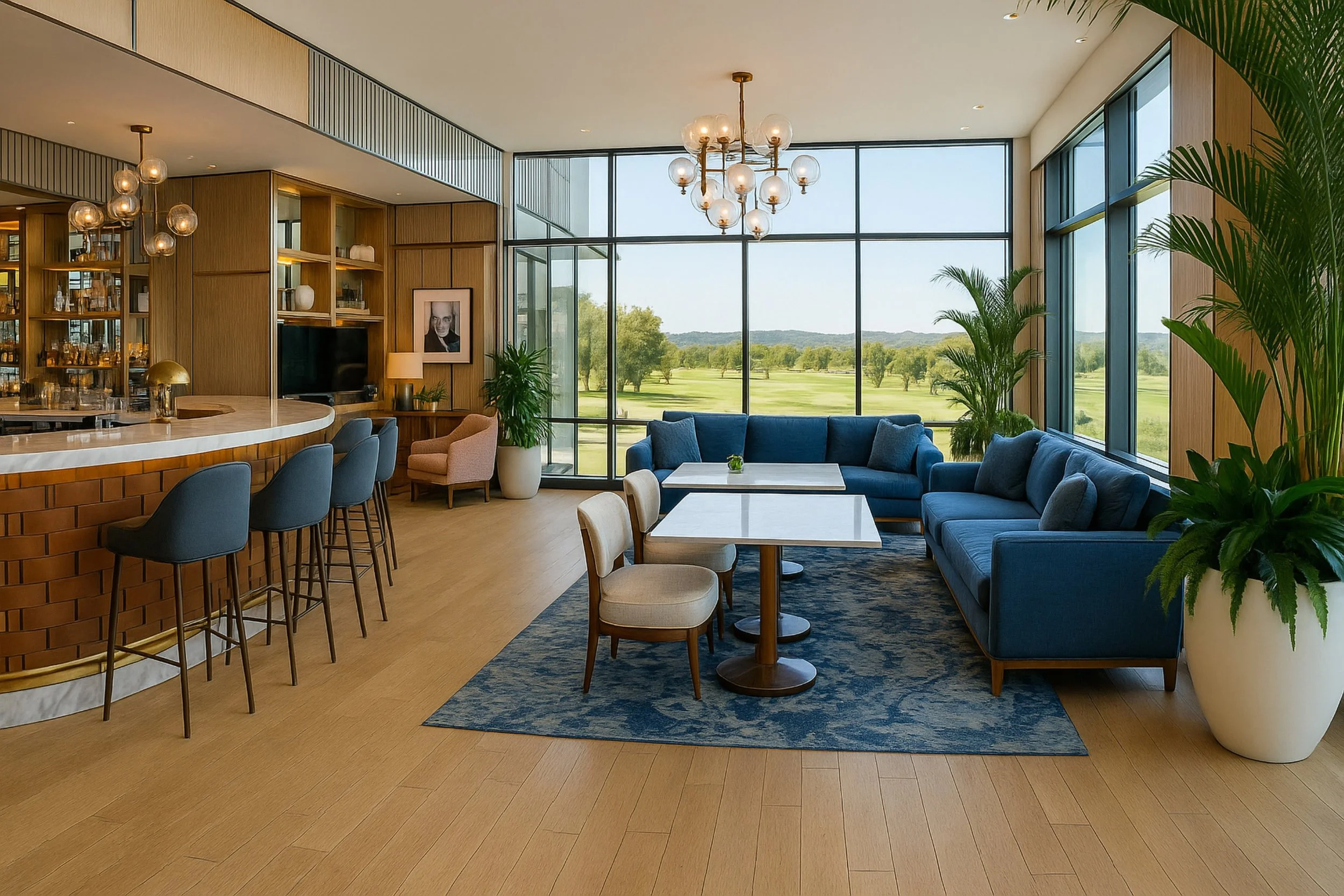 "A bright and modern bar and lounge at The Hawthorn at Galway, featuring a curved bar with blue stools, plush blue sofas, and large floor-to-ceiling windows overlooking a lush green golf course."