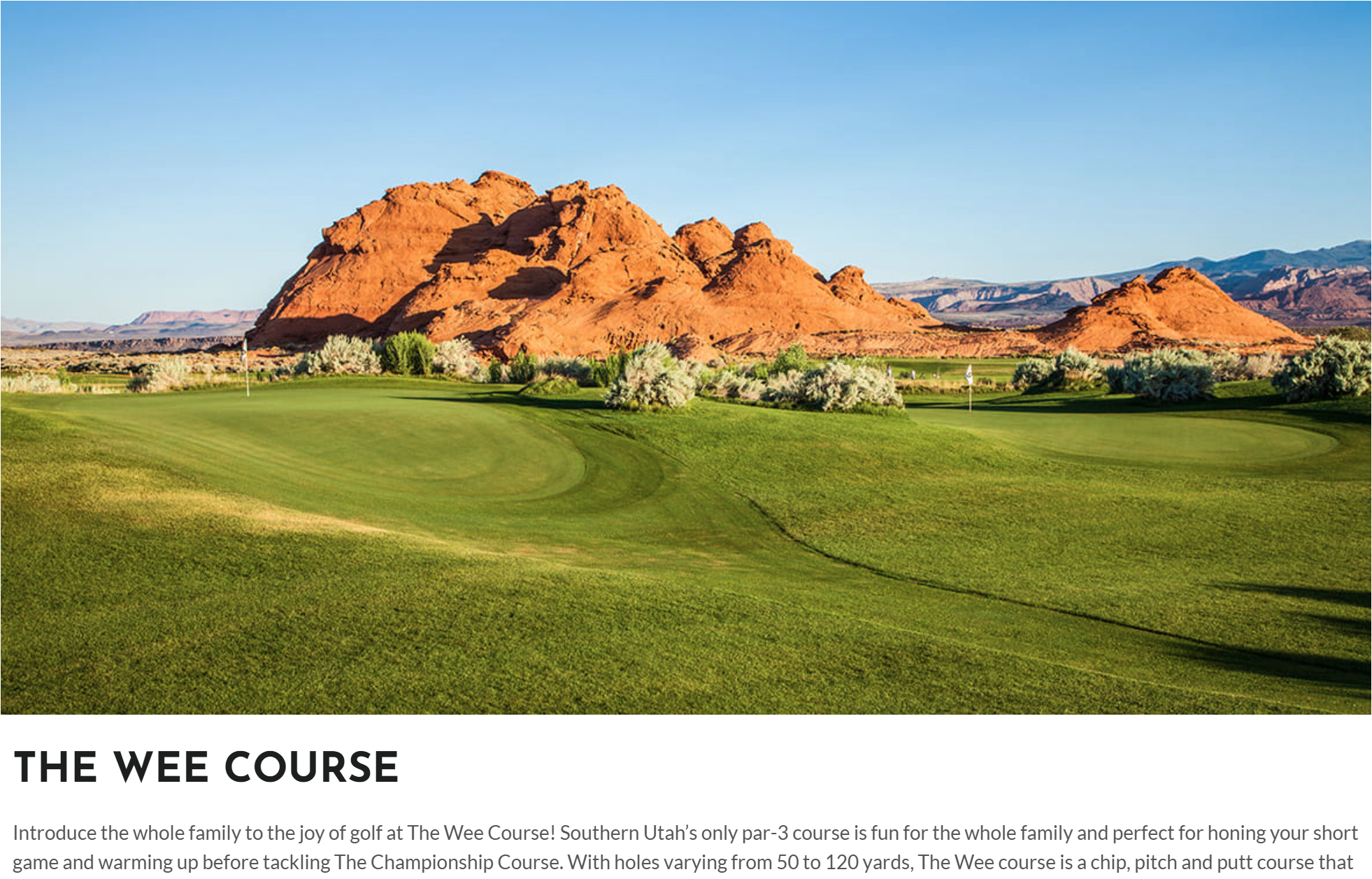 A scenic golf course with green fairways and sand traps, set against red rock formations and a clear blue sky.