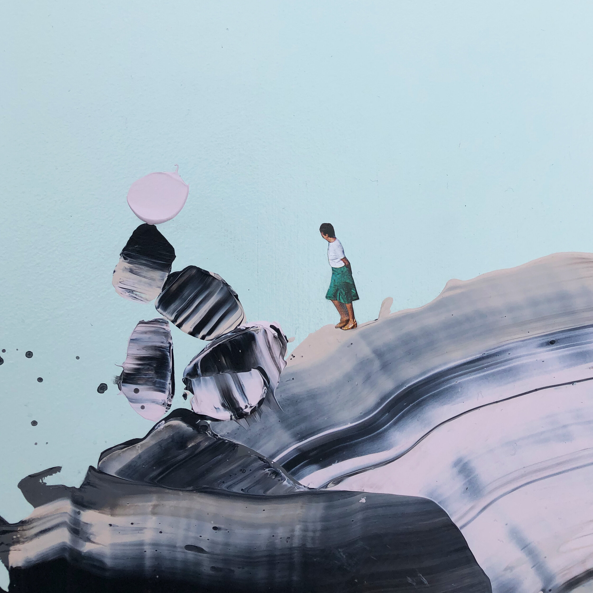 Art by Danielle Krysa shows a small woman standing on a brush strokes of pink and black striped paint