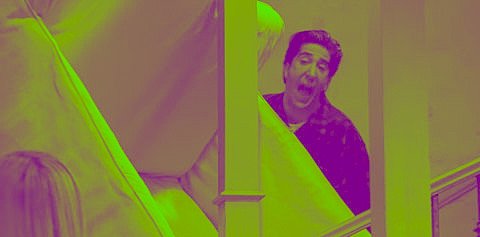 green and purple posterized image of ross geller yelling pivot on friends