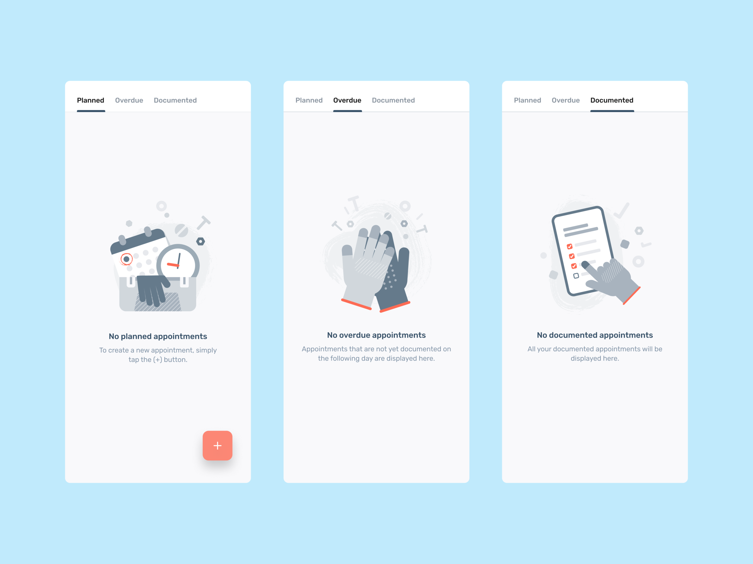 Empty states across the pages with text aimed at education and action.