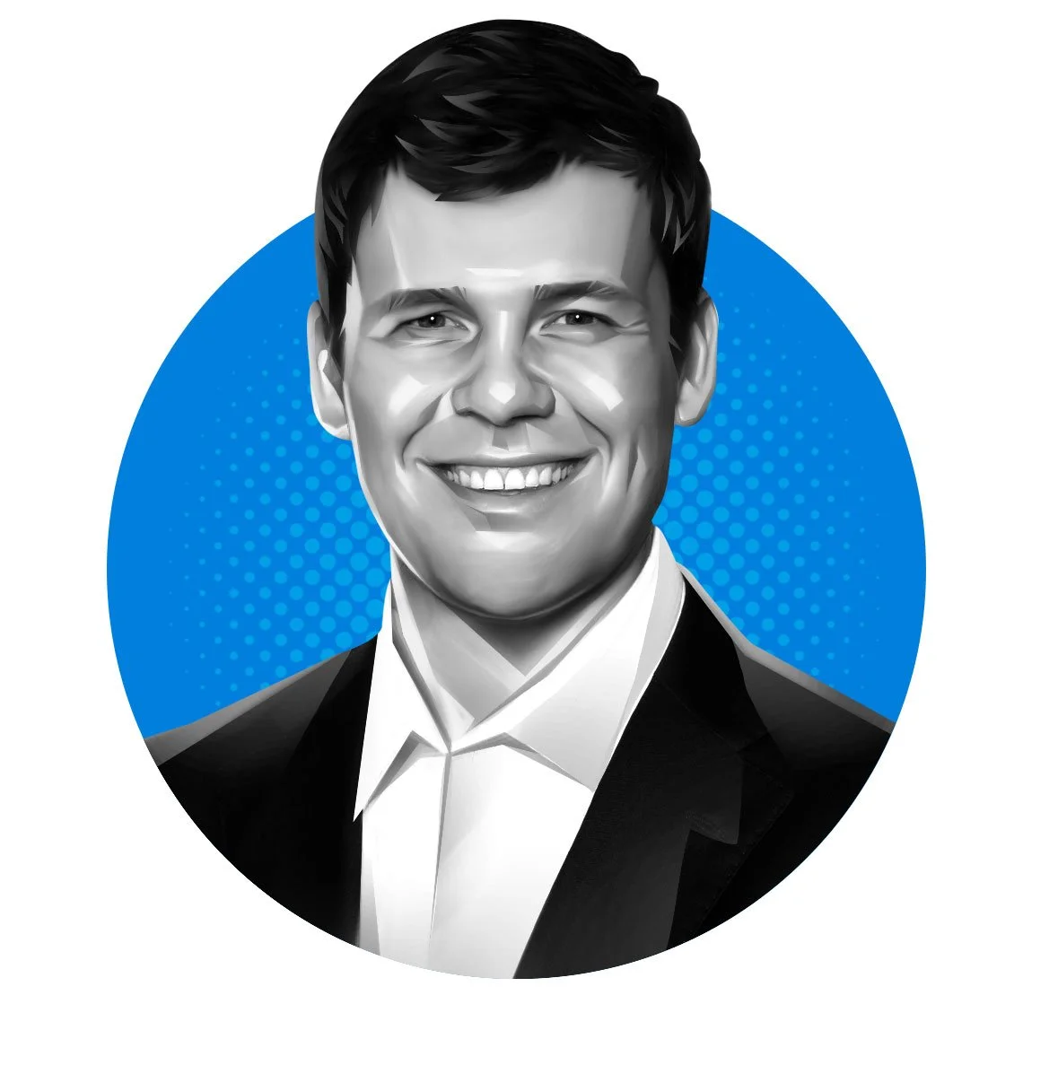 illustration of smiling young man in formal suit with a blue dotted background.