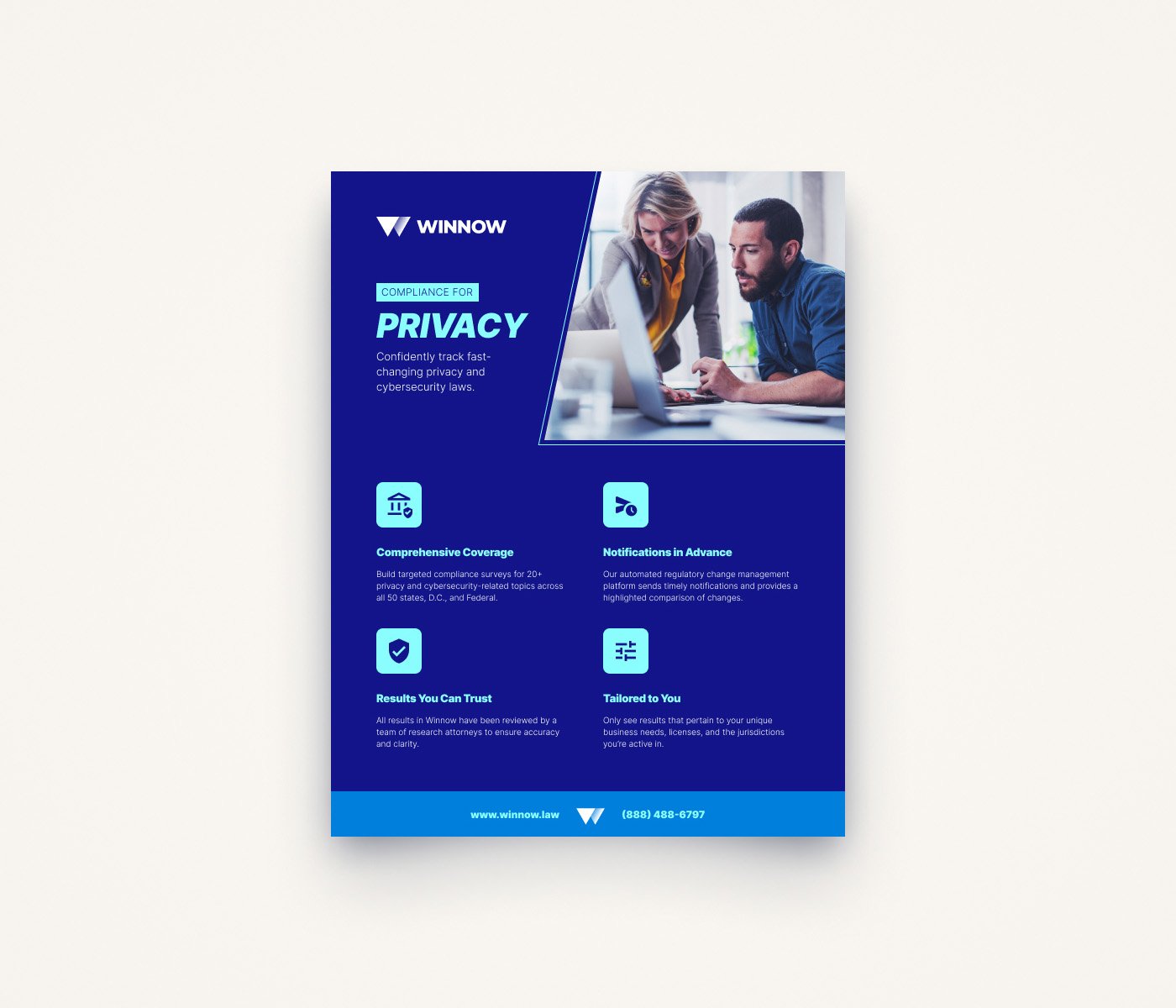 Flyer promoting privacy compliance services by Winnow, with a photo of two professionals working together on a laptop, featuring icons and text about coverage, notifications, results, and customization.