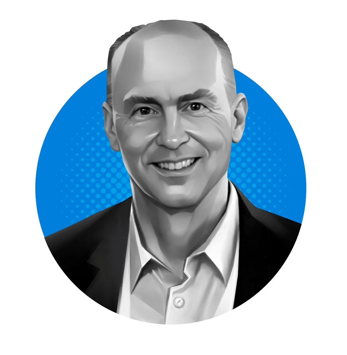 Black and white digital illustration of a smiling man in a suit with a blue dotted background.