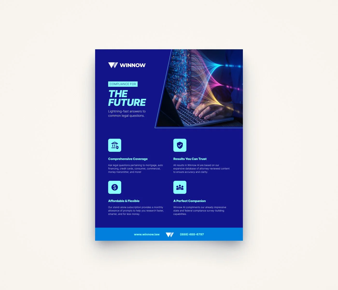 Flyer for Winnow AI legal compliance, featuring a laptop with colorful digital graphics, blue background, and icons for coverage, trust, flexibility, and support.