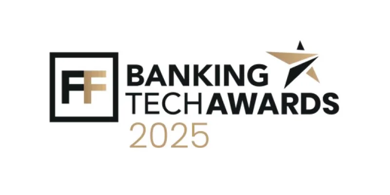Logo for the Banking Tech Awards 2025 with stylized text and geometric design elements.