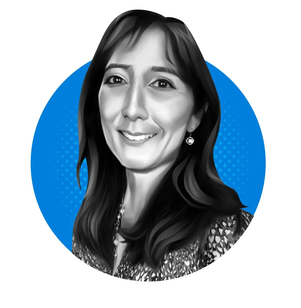 Black and white digital illustration of a smiling woman with long dark hair, earrings, and a necklace, set against a blue circular background with small dotted pattern.