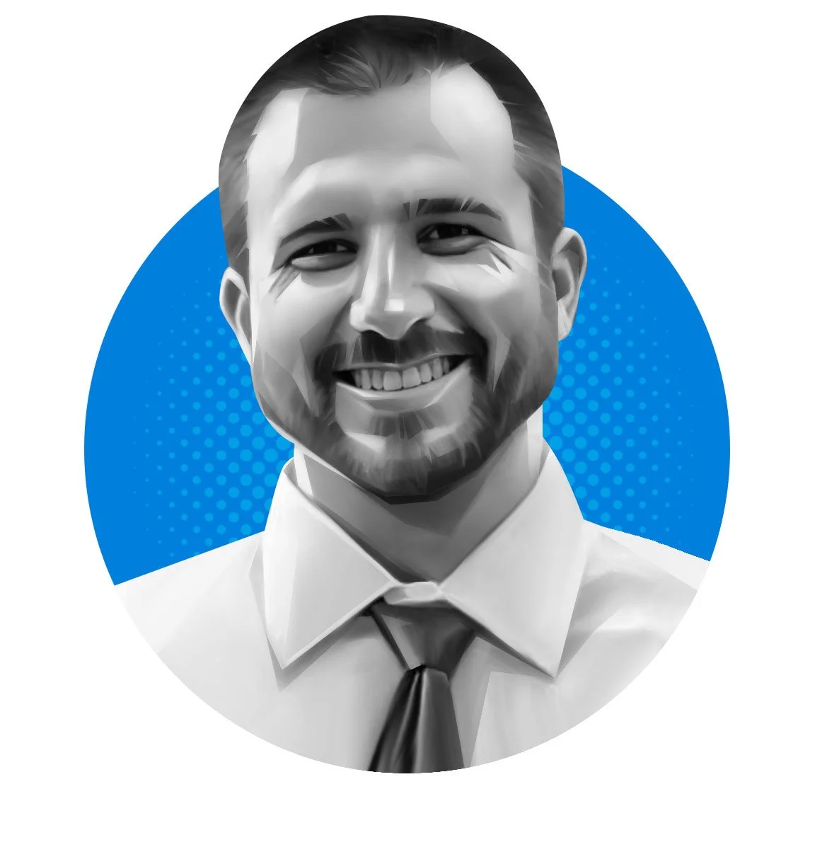 Illustrated portrait of a smiling man with dark hair and a beard, wearing a white shirt and a dark tie, set against a blue dotted background.