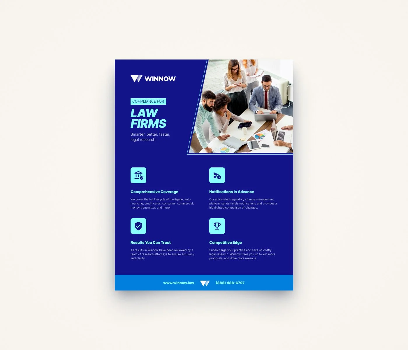 Flyer for Winnow legal research services with a group of people in a meeting