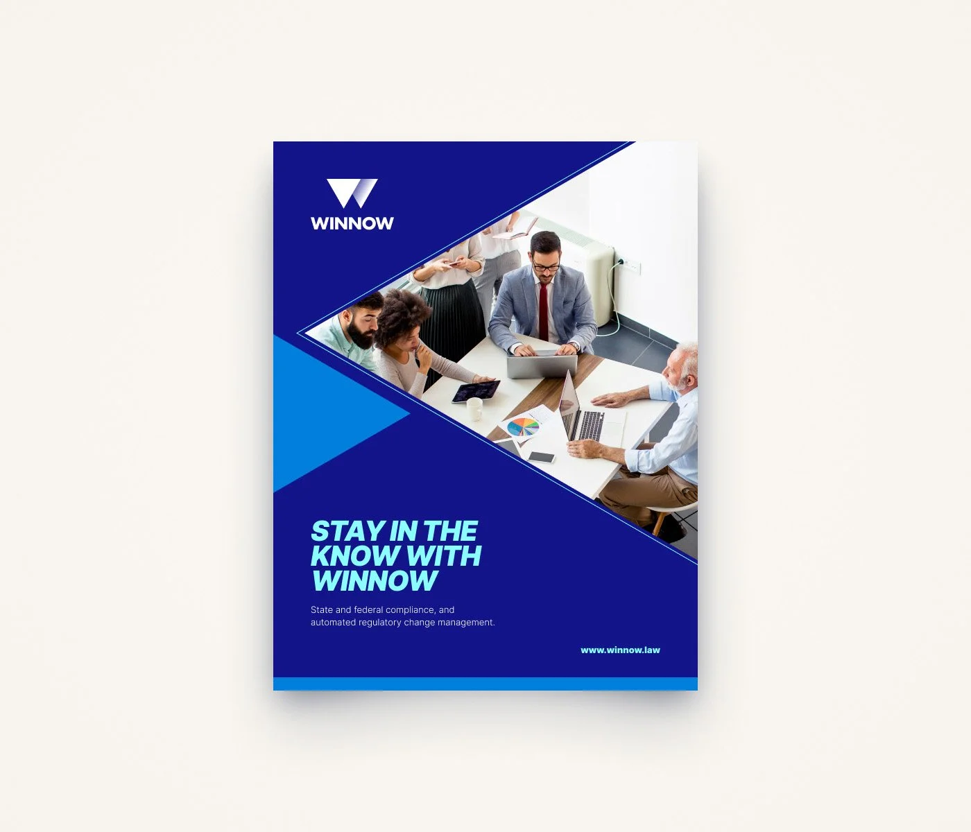 Brochure for Winnow with a group of professionals in a meeting and the text 'Stay in the Know with Winnow'.