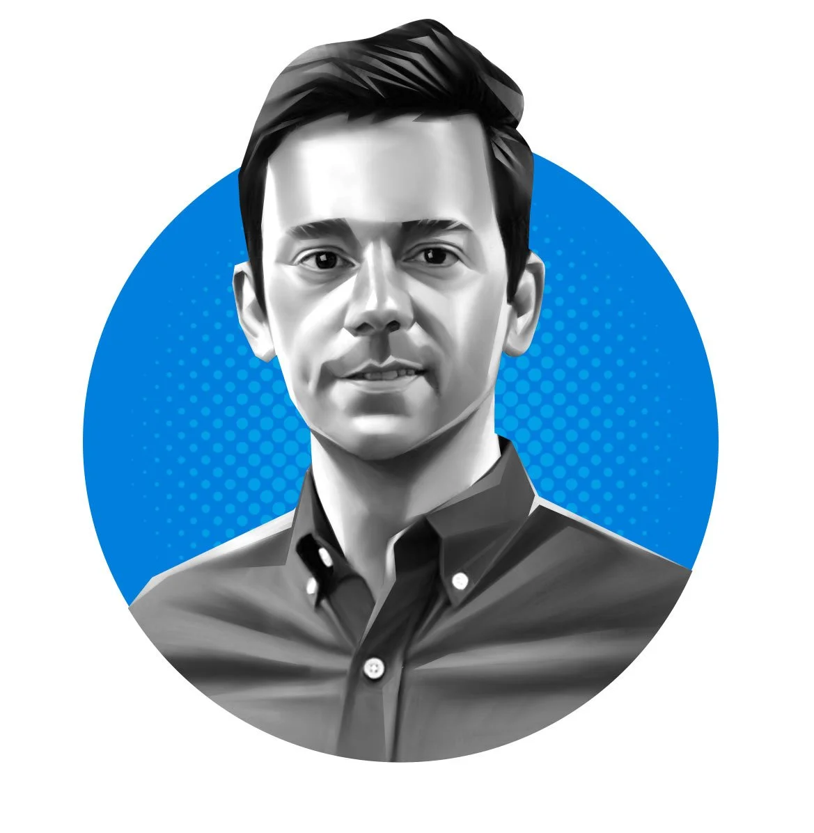 Digital illustration of a young man with dark hair in a collared shirt, set against a blue dotted background.