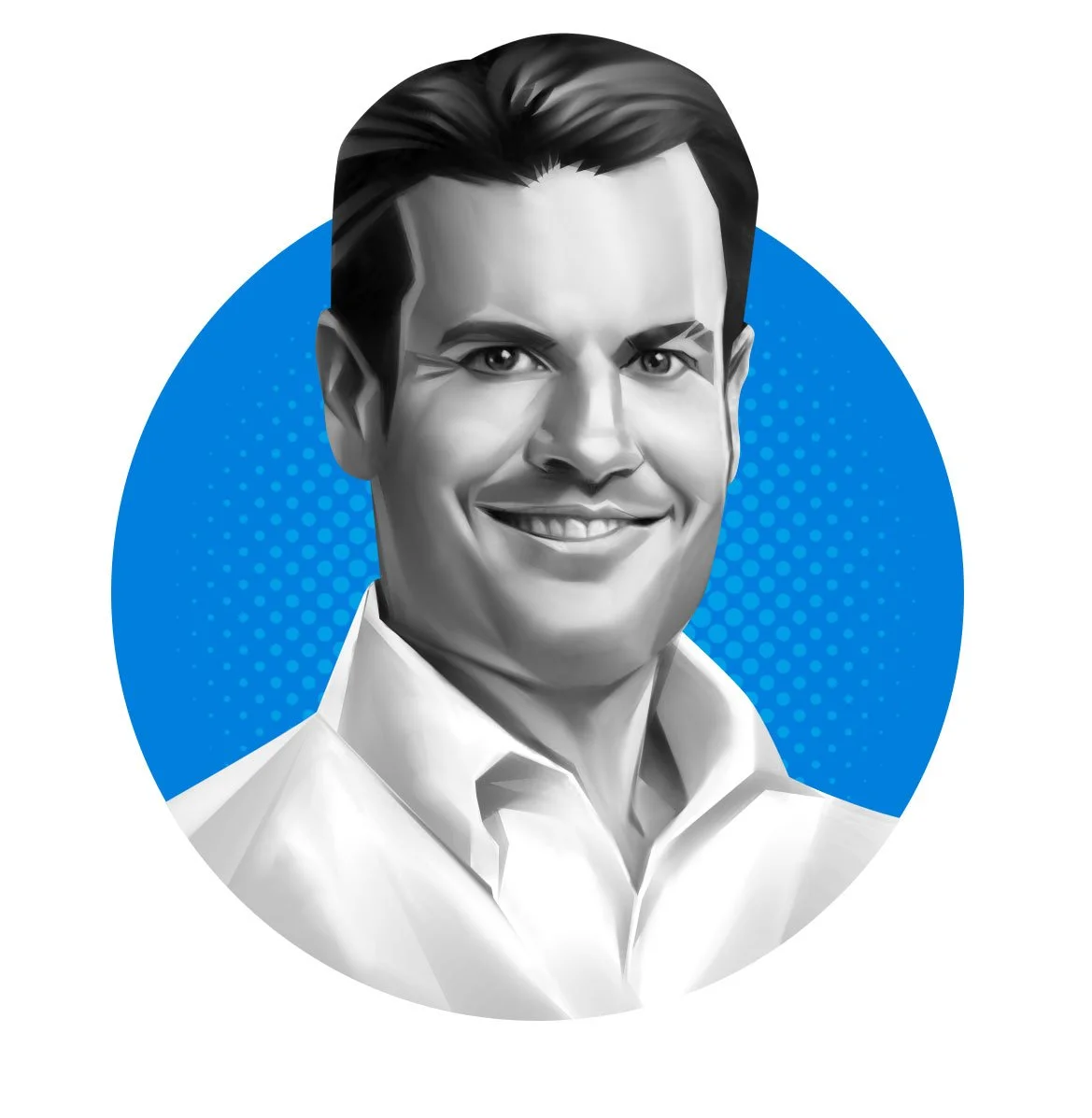 Black and white digital illustration of a smiling man with dark hair, wearing a white collared shirt, set against a blue background with a dotted pattern.