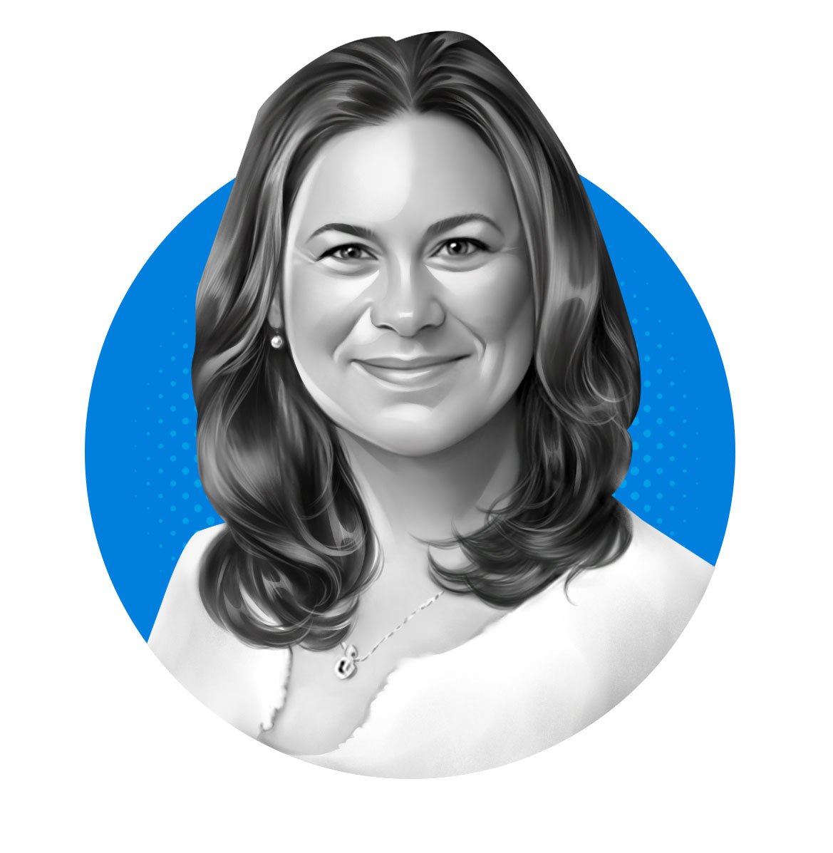 Black and white digital illustration of a woman with shoulder-length wavy hair, smiling, wearing a necklace with a pendant and pearl earrings, set against a blue circular background.