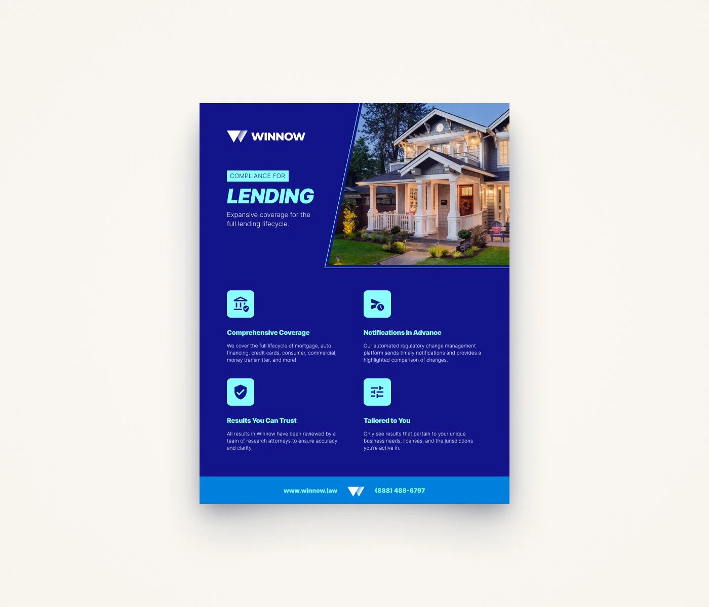 Flyer for Winnow mortgage lending services with a photo of a house at sunset and information about coverage, notifications, results, and customization.