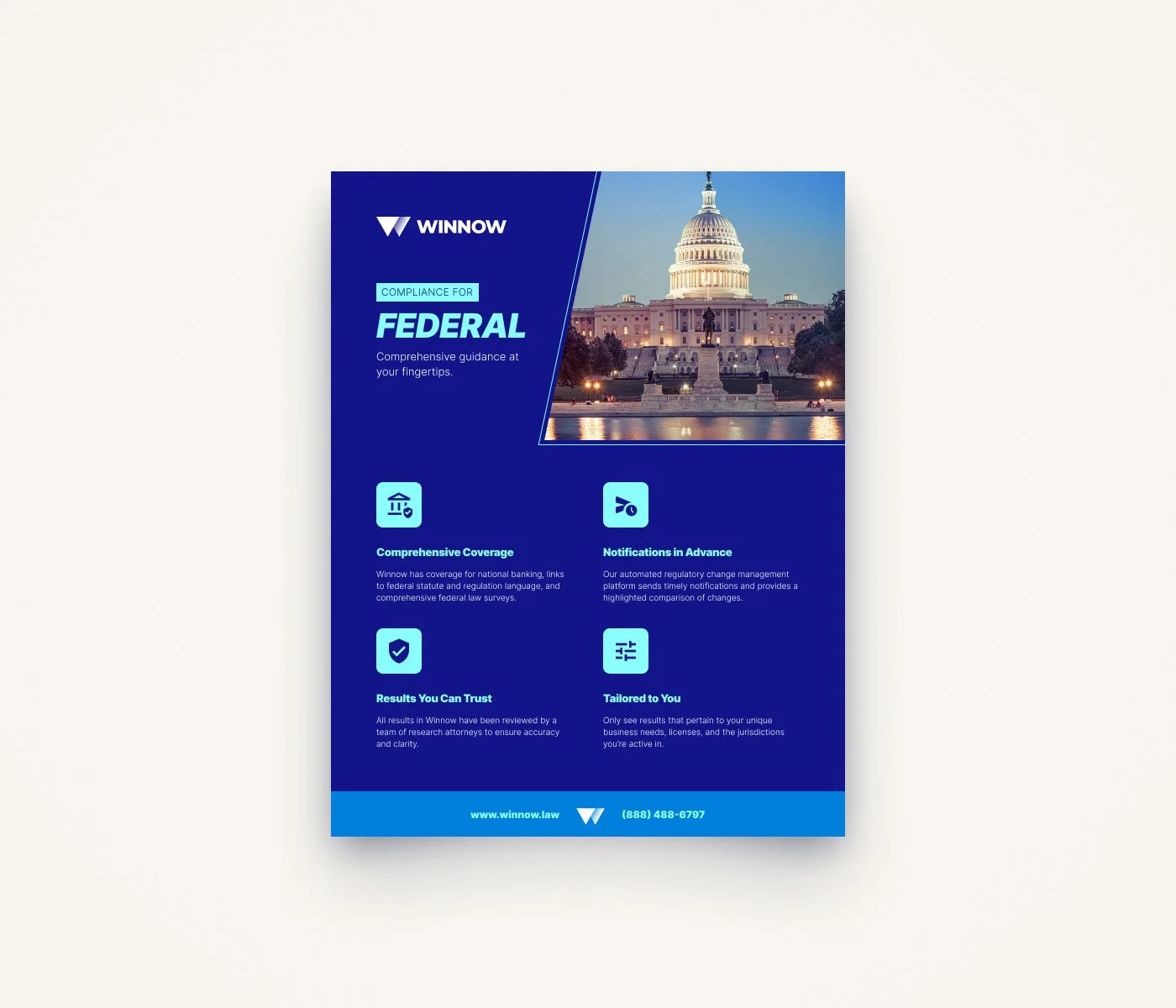 A marketing flyer for Winnow with the U.S. Capitol building photograph at the top, blue background, and six sections of text and icons about compliance and legal services.