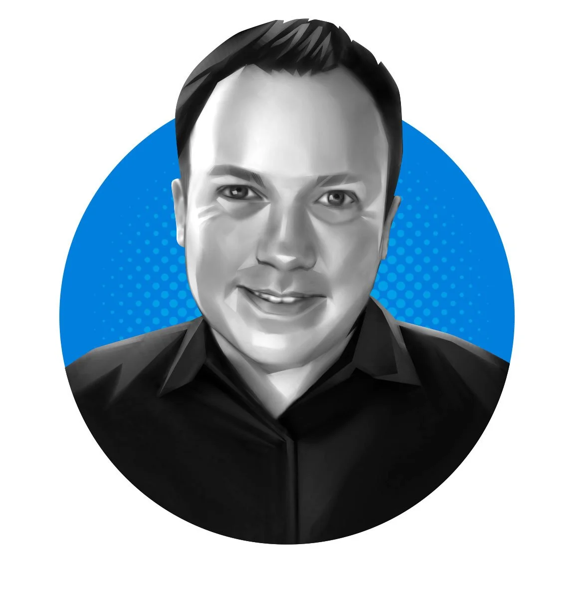 Illustration of a smiling man with short dark hair and light skin, wearing a black shirt, set against a blue dotted background.