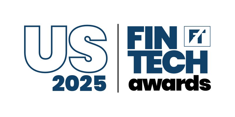 Logo for the US 2025 FinTech Awards, featuring bold blue text and a stylized icon.