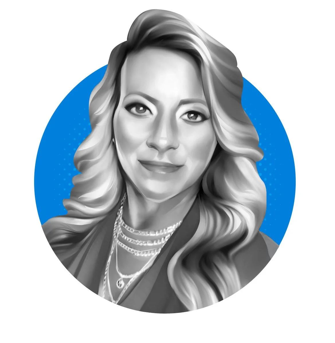 Black and white digital portrait of a woman with long wavy hair, wearing multiple necklaces, against a blue circle background.