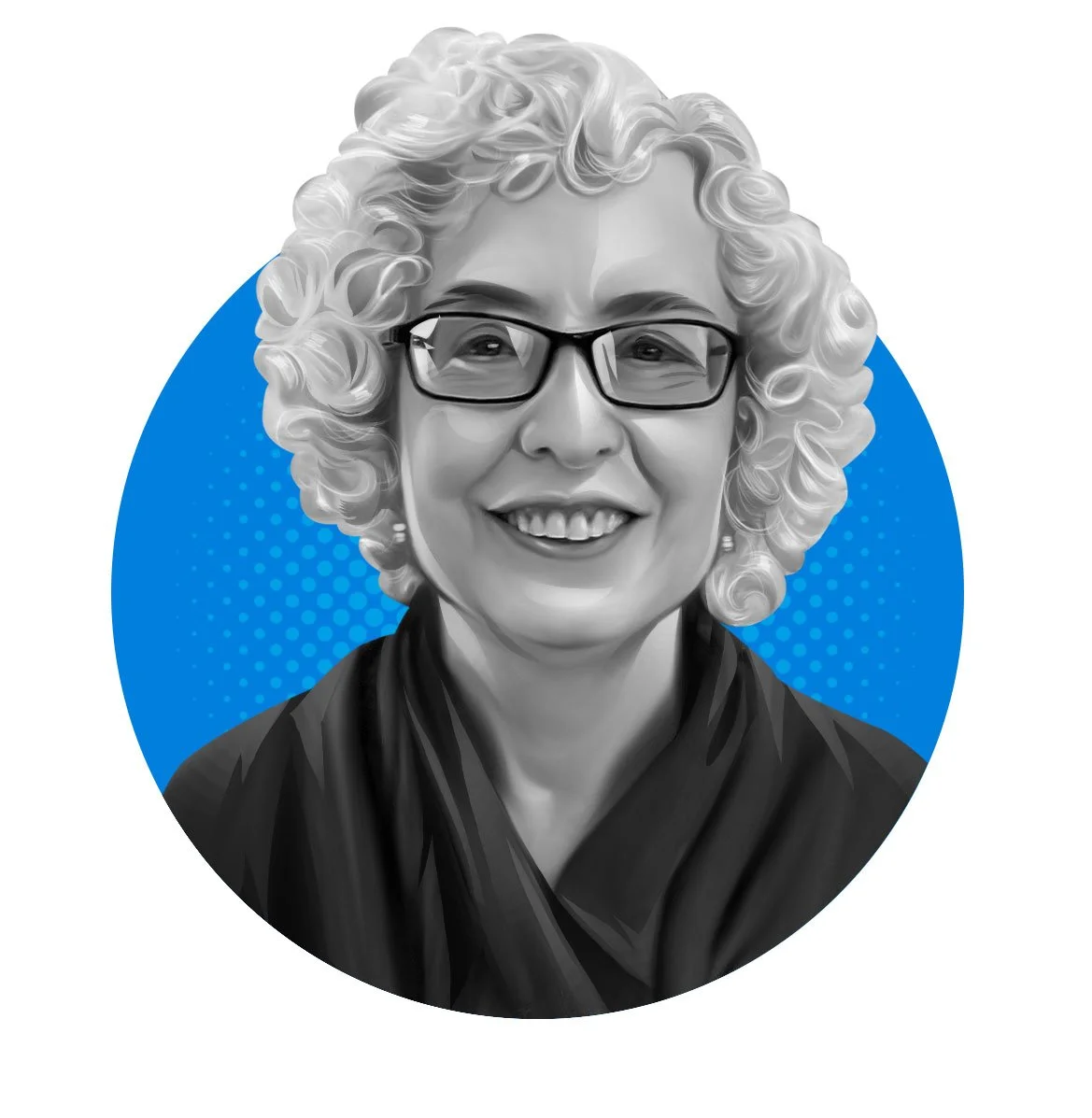 Black and white digital portrait of a smiling woman with curly gray hair, glasses, and a dark scarf against a blue background.