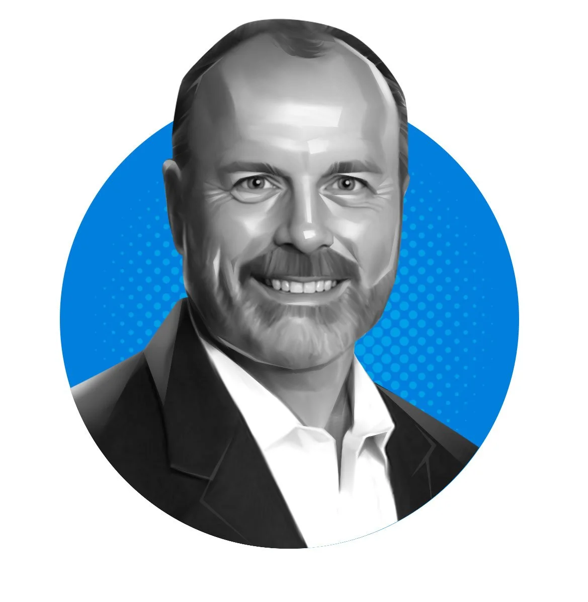 Black and white digital portrait of a smiling man with a beard, wearing a suit jacket and white shirt, set against a blue circular background with dotted pattern.