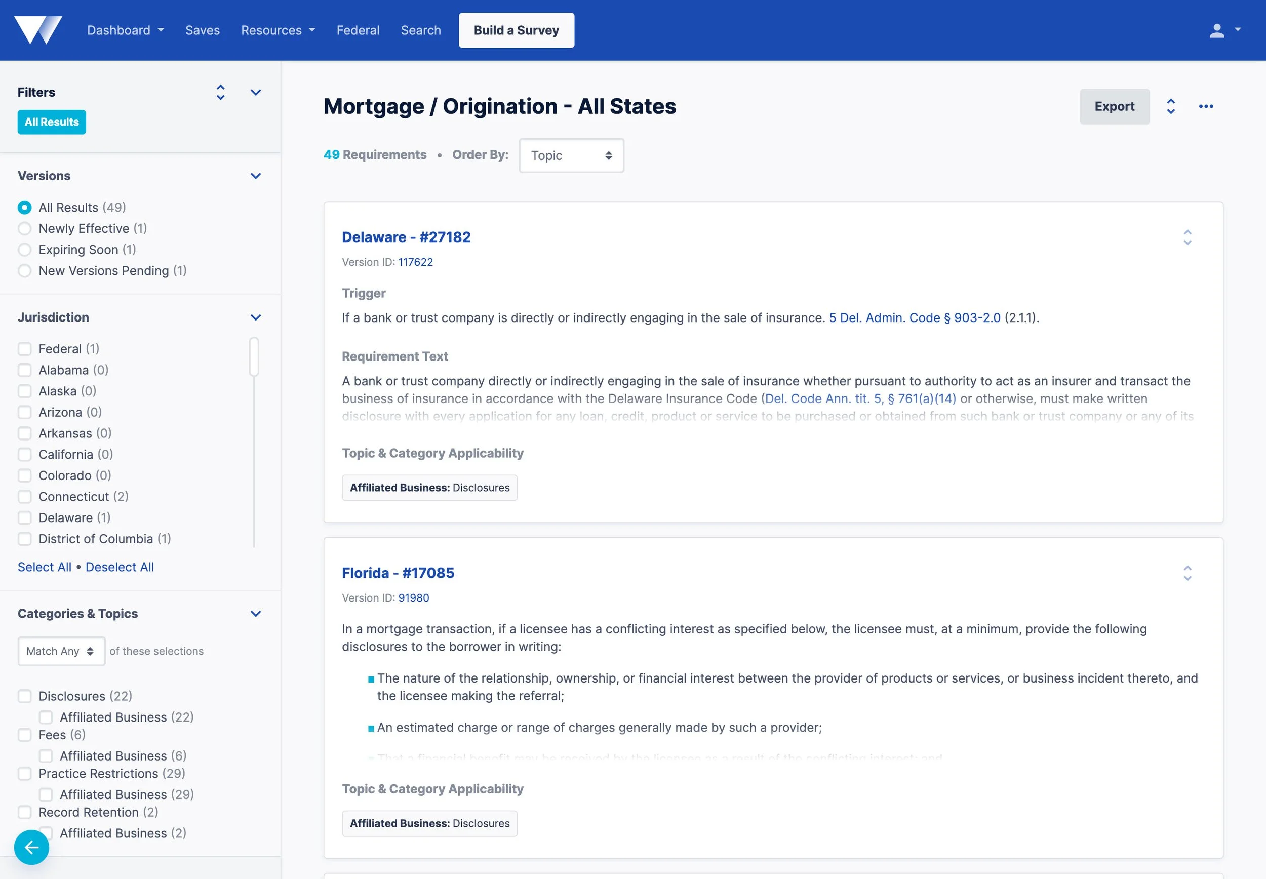 Screenshot of a website displaying insurance requirements for mortgage origination in all states, with filters on the left for jurisdictions and categories, and details on specific state requirements in the main content area.