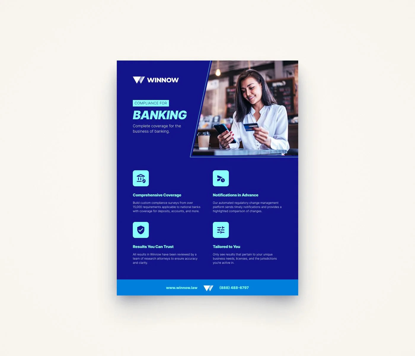 A promotional flyer for Winnow banking compliance services featuring a woman using a smartphone and credit card, with icons and text detailing coverage, notifications, results, and customization.