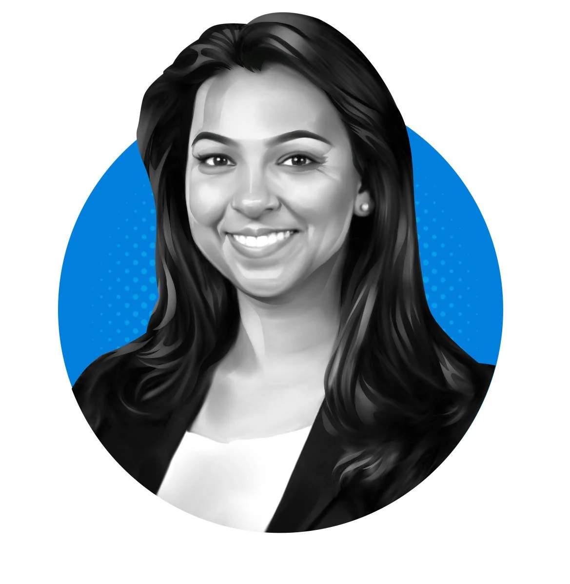 Digital illustration of a woman with long dark hair, smiling, wearing a black blazer and white top, set against a blue dotted circle background.