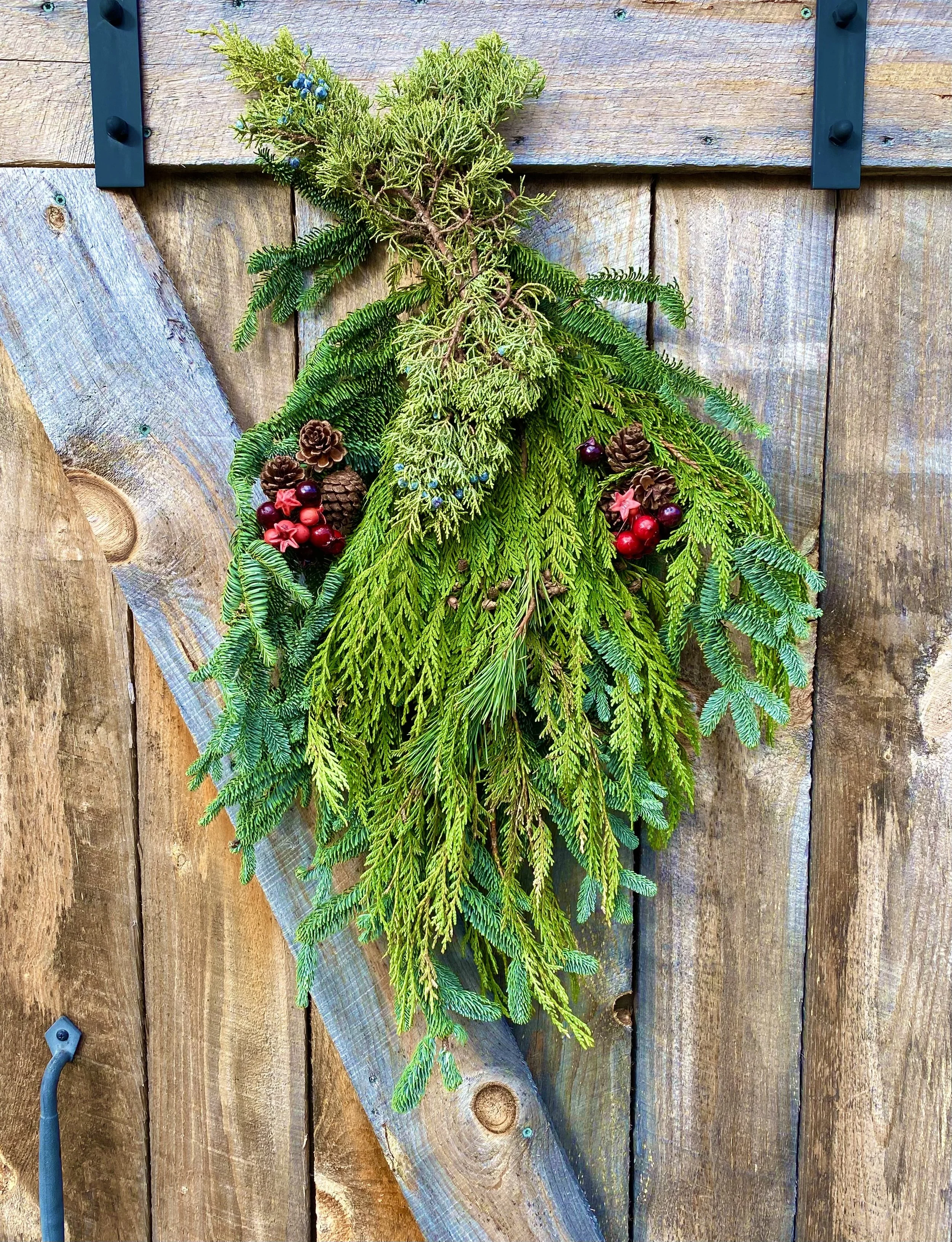 30 Inch Door Swag - Mixed Greens, Juniper and Pinecones