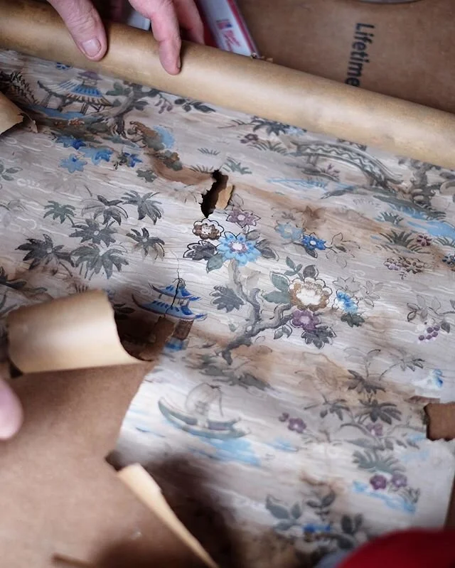 Everyday at Arthur&rsquo;s we learn or discover something new. Today, we uncovered five rolls of Gledhill wallpaper (c. 1880) that had been tucked away behind a stud wall in the back kitchen. These are the small joys that come with historic living an