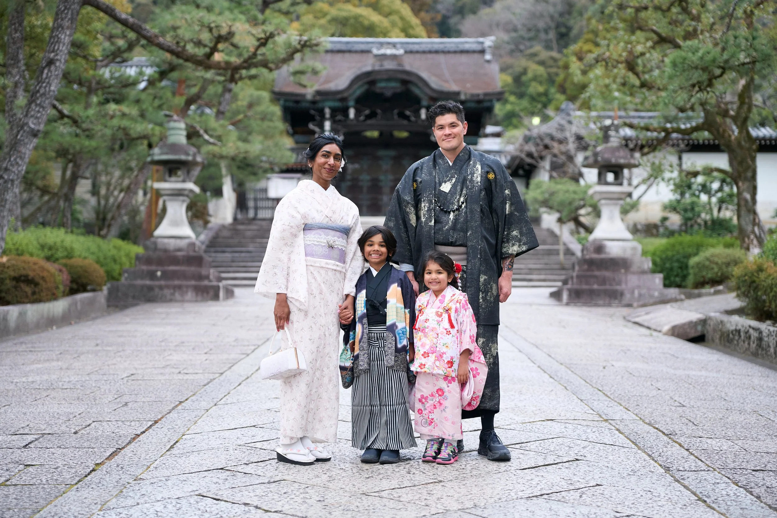A Family of Four, All in Kimono, in the Heart of Higashiyama