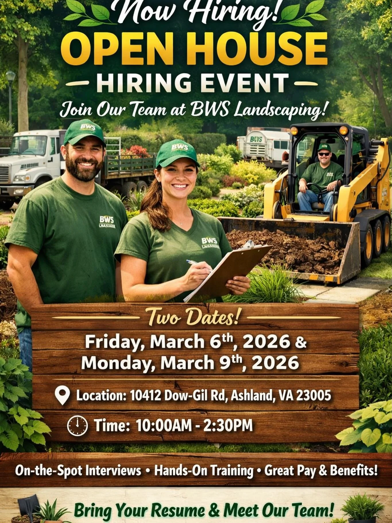 🌿 Now Hiring &ndash; Open House Event! 🌿 

Join us for an exciting Open House Hiring Event at BWS Landscaping! We&rsquo;re growing our team and looking for hardworking, reliable individuals who enjoy working outdoors and take pride in creating beau