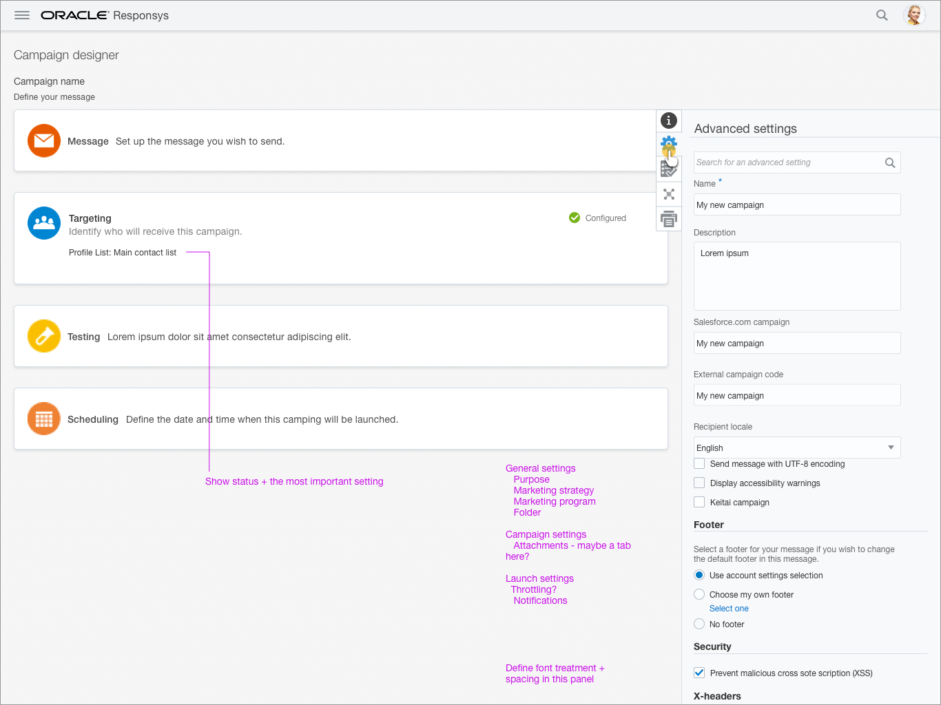 Wireframe of early explorations of the UI displaying the advanced settings in a side panel